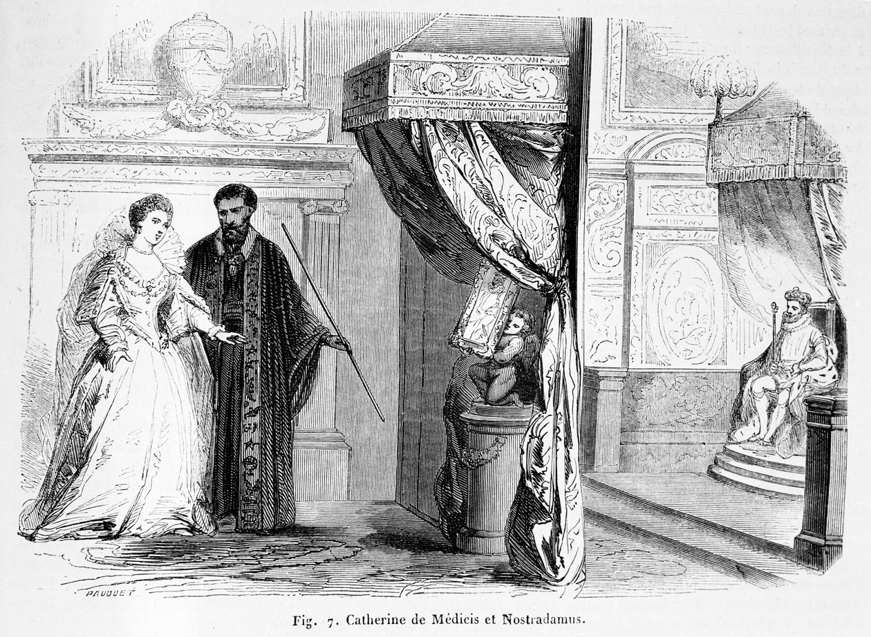 Catherine de Medici (1519-89) med Nostradamus, fra Magasin Pittoresque, 1849 av French School