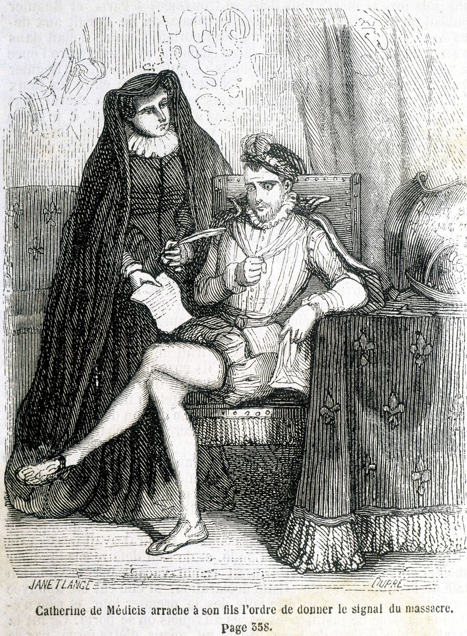 Catherine de Medici (Caterina de Medici) tears from her son (Charles IX) the order to give the signal of the massacre of Saint Barthelemy in 1572 - in “Histoire de France” by L.-P. Anquetil av French School