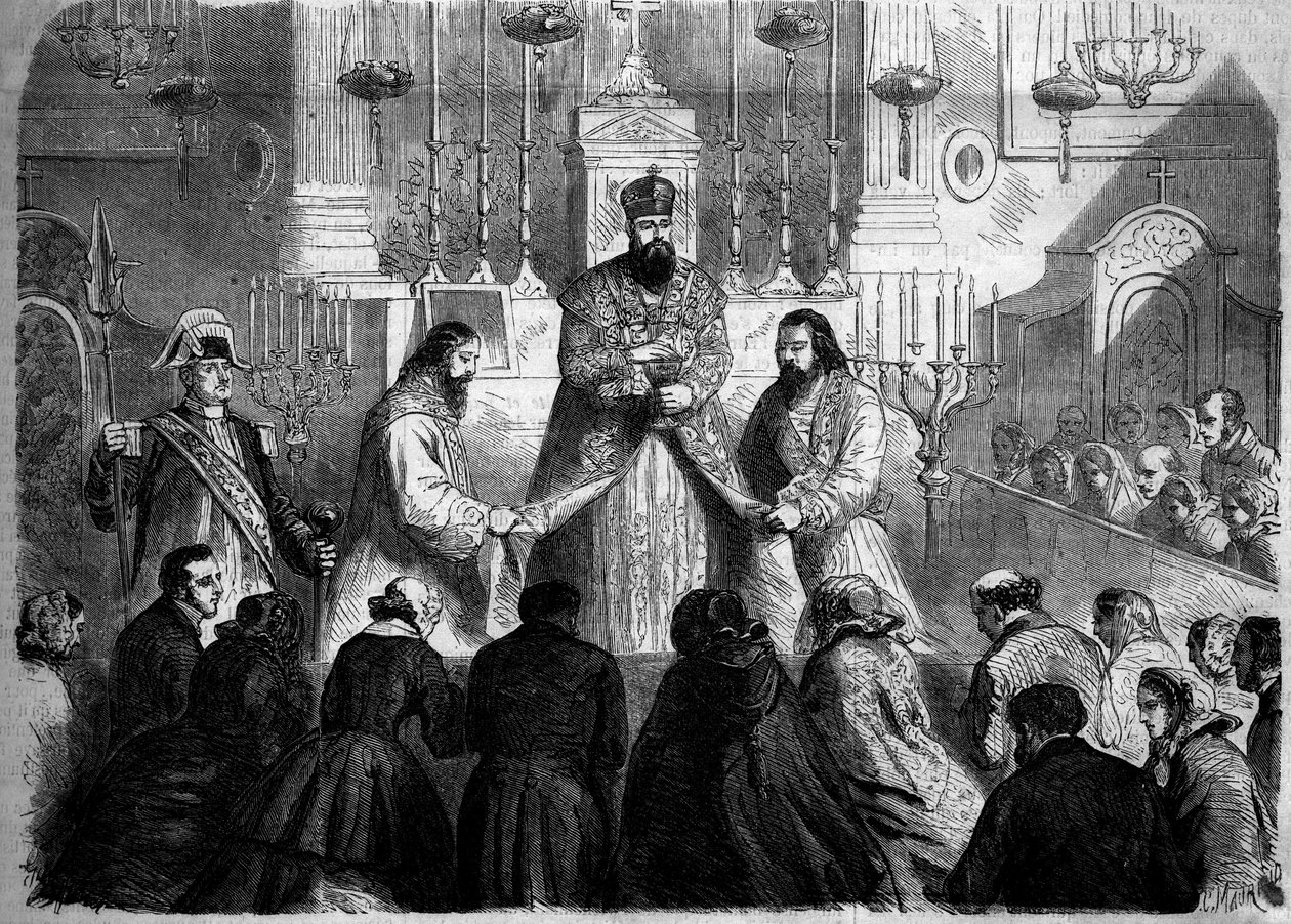 Katolsk rite - Messe - 26. januar 1860: Messe celebre i henhold til den armenske ritualen av mechitaristenes overordnede i kirken Notre Dame des Victoires, Paris. Gravering i "" Le Monde Illustré"" nr. 147 av 4. februar 1860. av French School