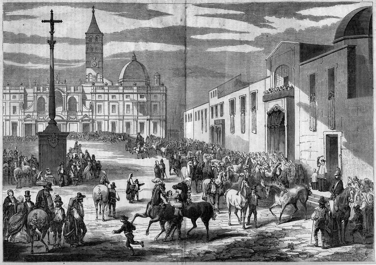 Katolsk fest - Saint Anthony: velsignelse av hester på torget til kirken Saint Mary Maggiore (Santa Maria Maggiore), Roma, Italia, januar 1859. Foran kirken, en granittsøyle toppet av et kors (1595) til minne om konvertering av Henry av French School