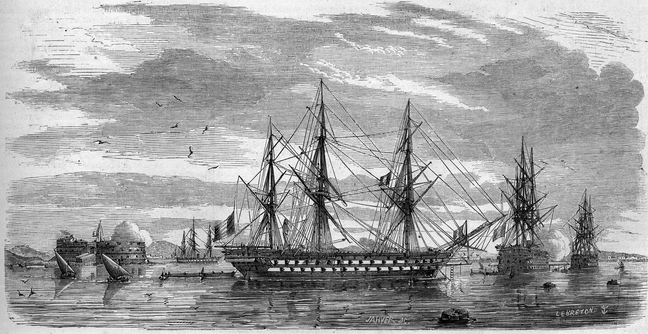 Katolsk fest: Langfredag (skjærfredag) i Toulon (Var, 83) i 1858. Skipene har stengene i kors og flaggene med halvfall som et tegn på sorg. Gravering i "" Le Monde Illustré"" nr. 53 av 17. april 1858. av French School