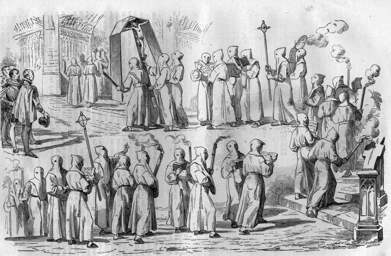 Katolsk moro og overtro. Prosesjon av botferdige under angrepet av Roma av keiser Othon I den store (912-973). Gravering i "Histoire des Papes-Rois-Queen and Empereurs a travers les centuries"" av Maurice Lachatre av French School