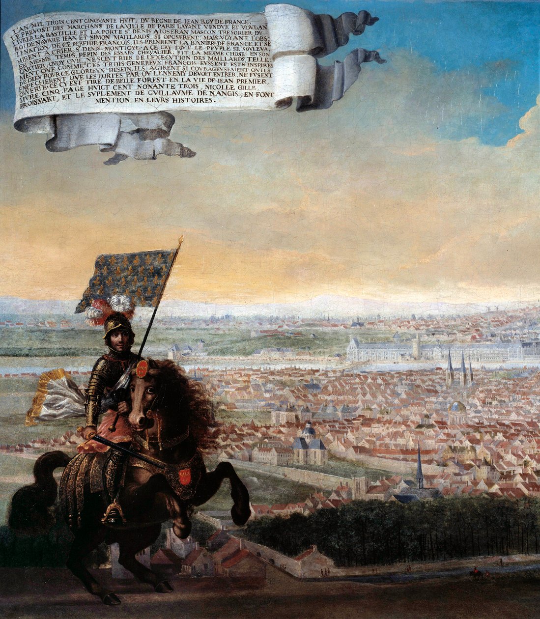 Cavalier utsikt over Paris fra Faubourg Saint Jacques Minnesmerke for forsvaret av Paris av kansler Pepin des Essarts etter sviket av Etienne Marcel, i 1358. Detalj. Maleri av den franske skolen. 1640 Søn. 0,96x1,92 m Paris, Musee Carnavalet av French School