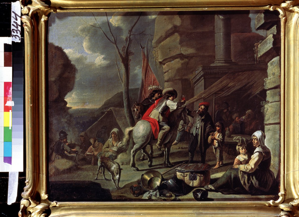 ""Ryttere ankommer et vertshus på veien"" (Ryttere på taverna) Tiggere er installert foran inngangen. Maleri fra den franske skolen i andre halvdel av 1600-tallet. Pushkin-museet, Moskva av French School