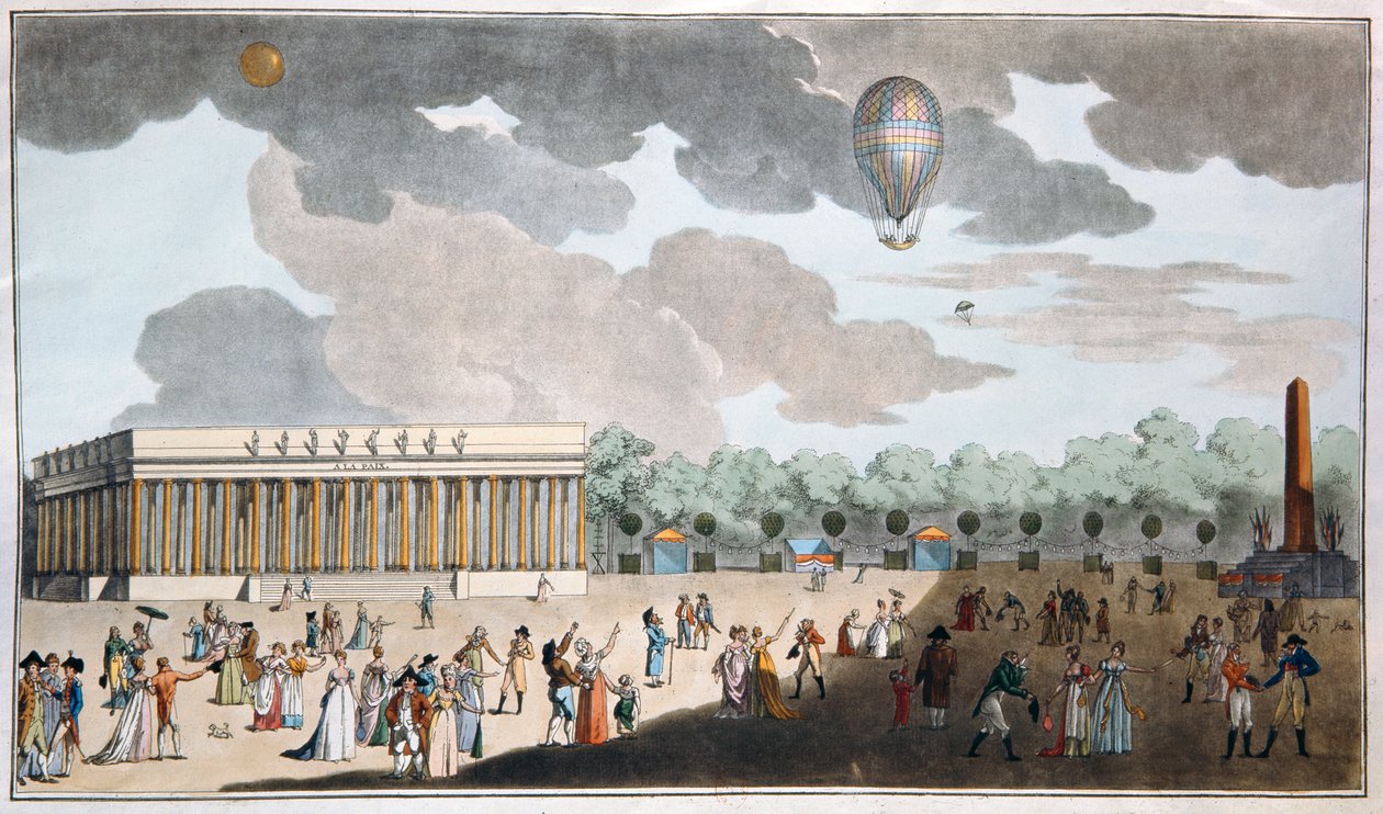 Feiring av Bastille-dagen, 14. juli på Champs Elysees, Paris i 1801 (håndfarget akvatint) av French School