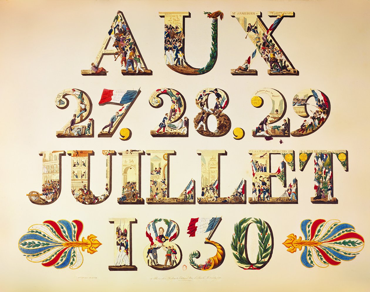 Feiring av de tre strålende dagene, 27., 28. og 29. juli 1830 (fargegravering) av French School