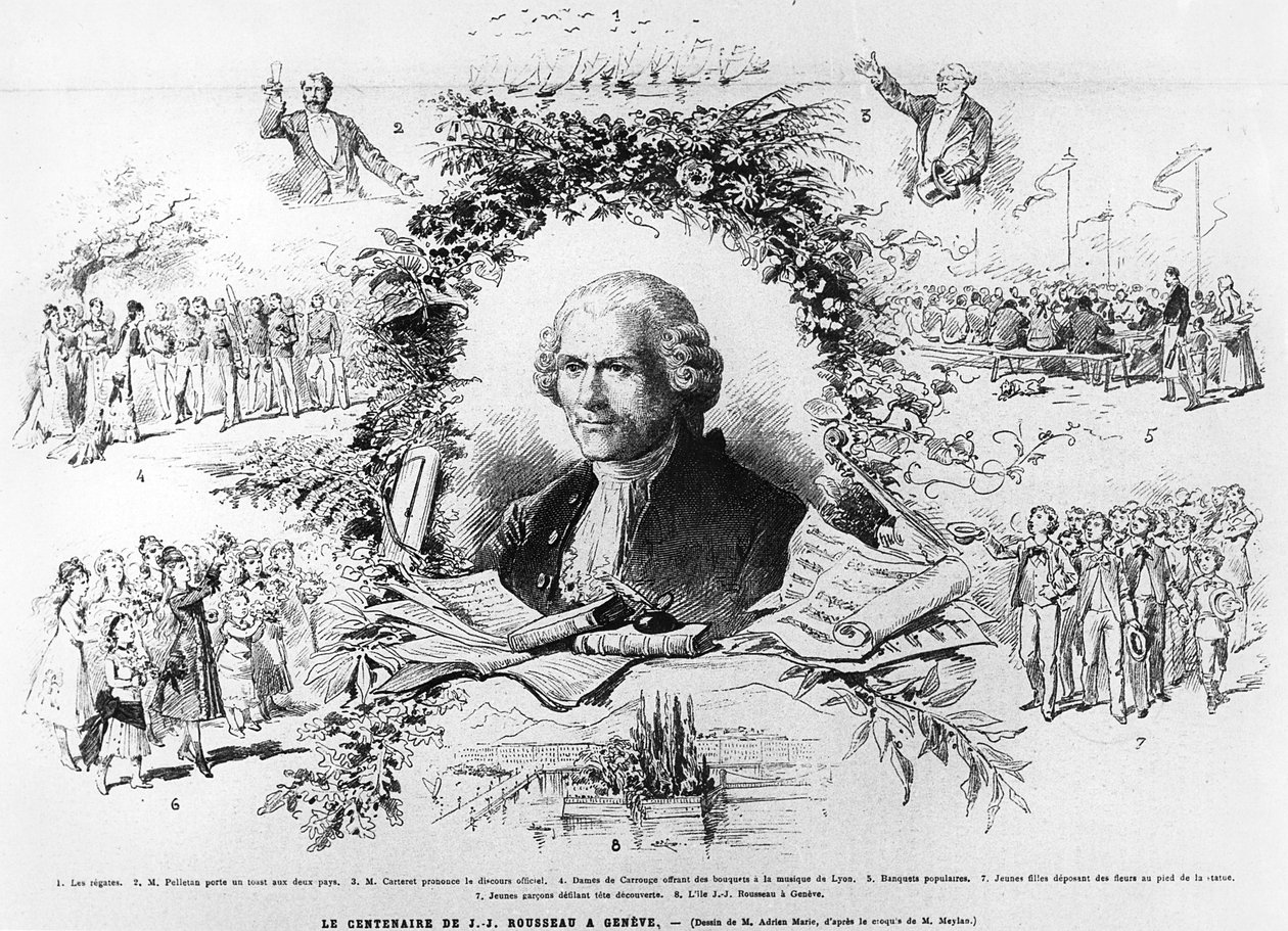 Feiringer i Genève for å feire hundreårsdagen for Jean-Jacques Rousseaus død, illustrasjon fra Le Monde Illustree, 1878 av French School