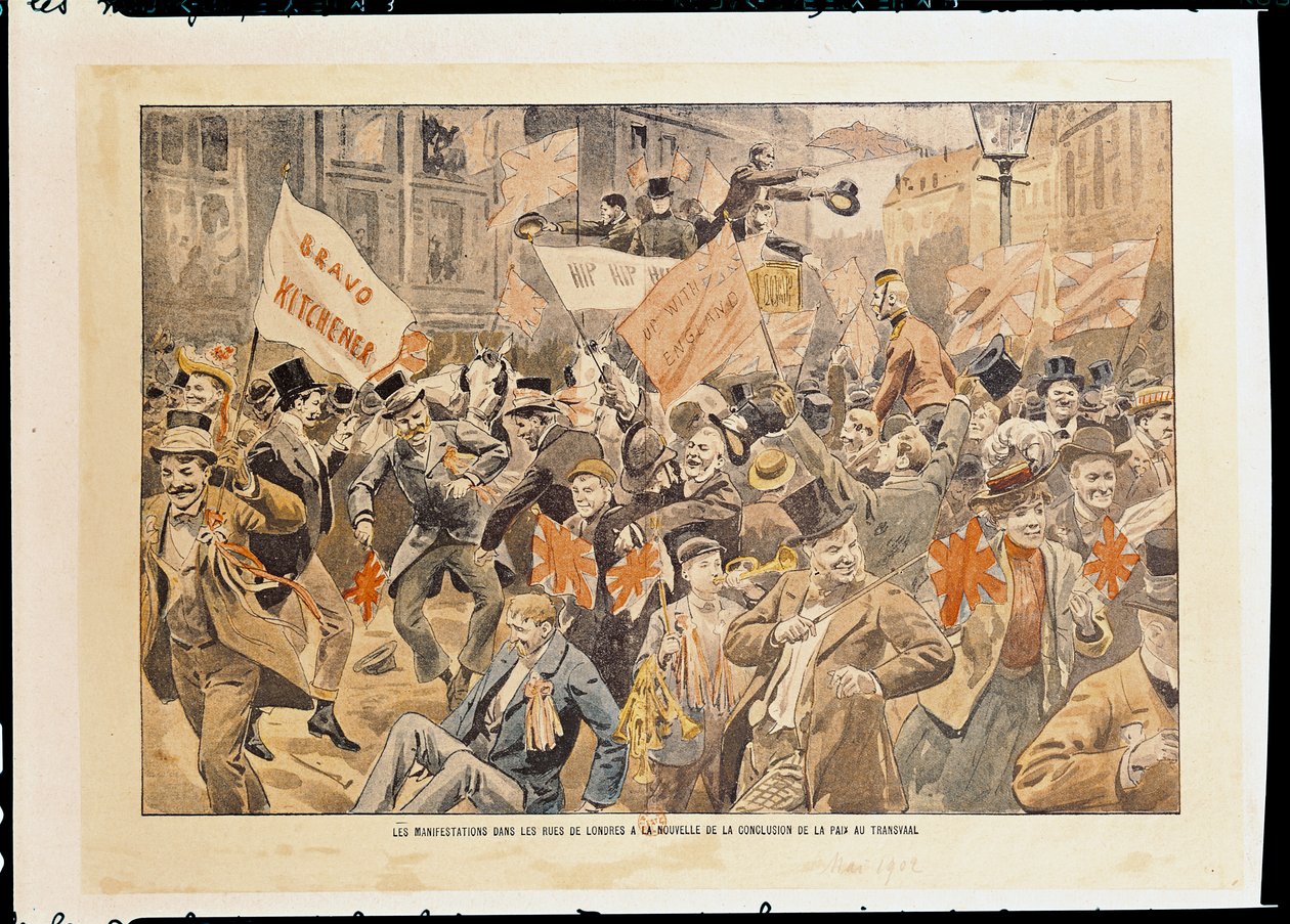 Feiringer i Londons gater etter nyheten om fredsslutningen i Transvaal, mai 1902 (trykk) av French School