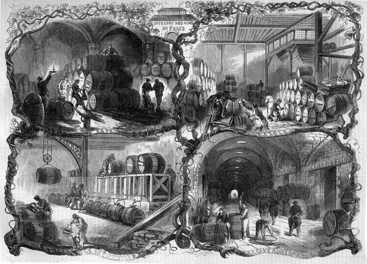 Cellars of the Warehouse des vins et des eaux de vie (eaux-de-vie) in Paris; 1858. Engraving in “” Le Monde Illustré”” n°46 of 27 February 1858. av French School