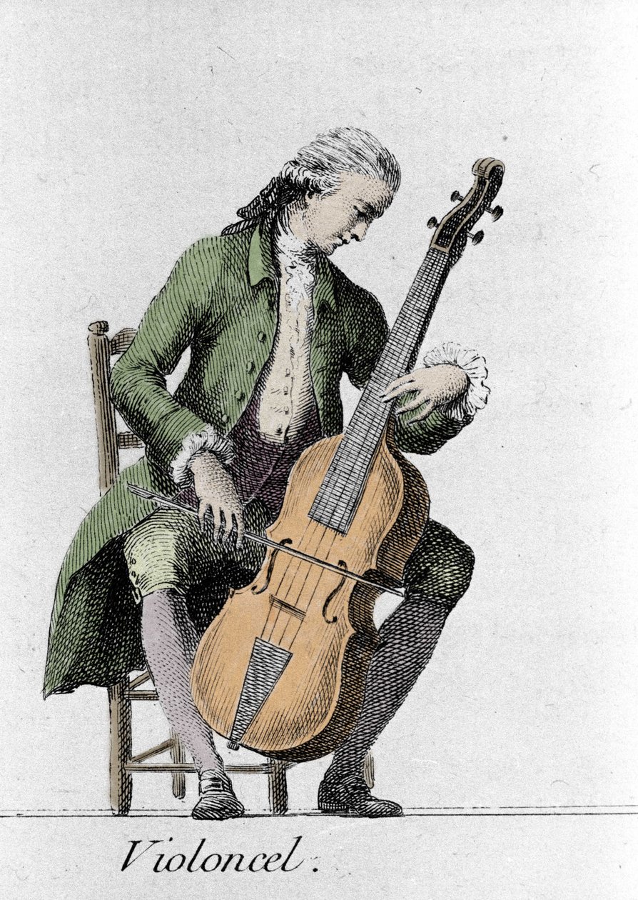 Cellospiller/cello. Gravering fra slutten av 1700-tallet. av French School