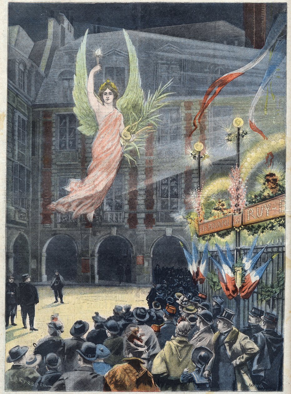 Hundreårsfeiring av fødselen til den franske forfatteren Victor Hugo (1802-1885): Ånden til Renommee som stiger ned til dikterens hus, Place des Vosges i Paris, i "Le Petit Parisien"" av French School
