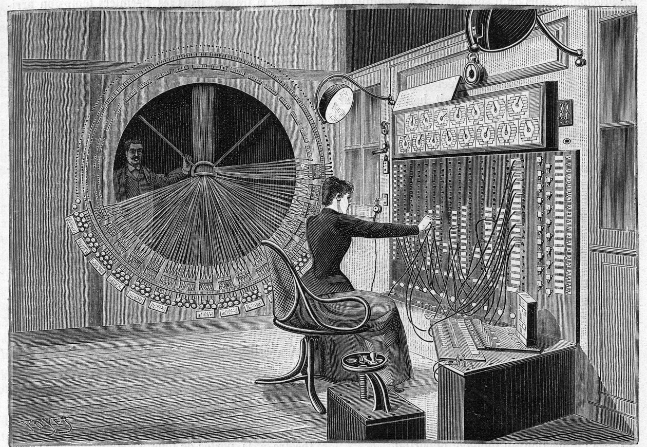 Central Office of the Theatrophone (hjemmekinoaudisjoner) i Paris i 1892. av French School