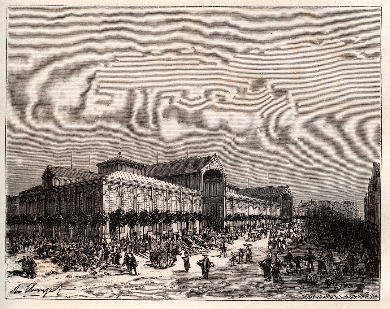 Central halles in Paris in the 19th century - engraving in “La France illustree: geographie, histoire, administration statistique” by V.A. Malt-Brown. 1884 av French School