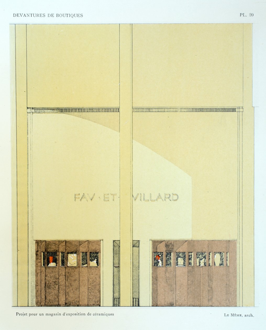 Utstillingslokale for keramikk, plate 20, illustrasjon fra Devantures de Boutiques av Louis-Pierre Sezille, Paris, 1927 av French School