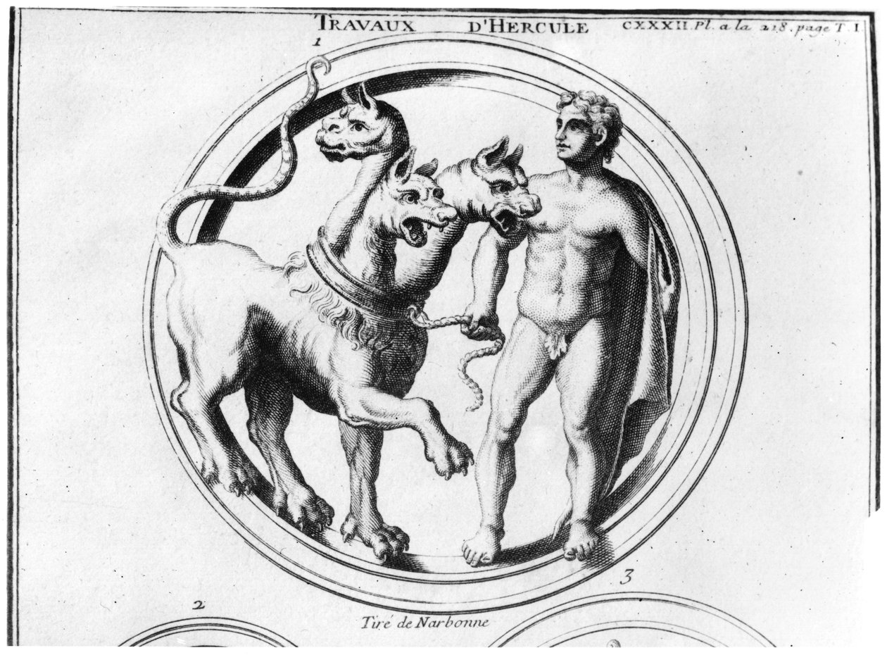 Cerberus temmet av Hercules av French School