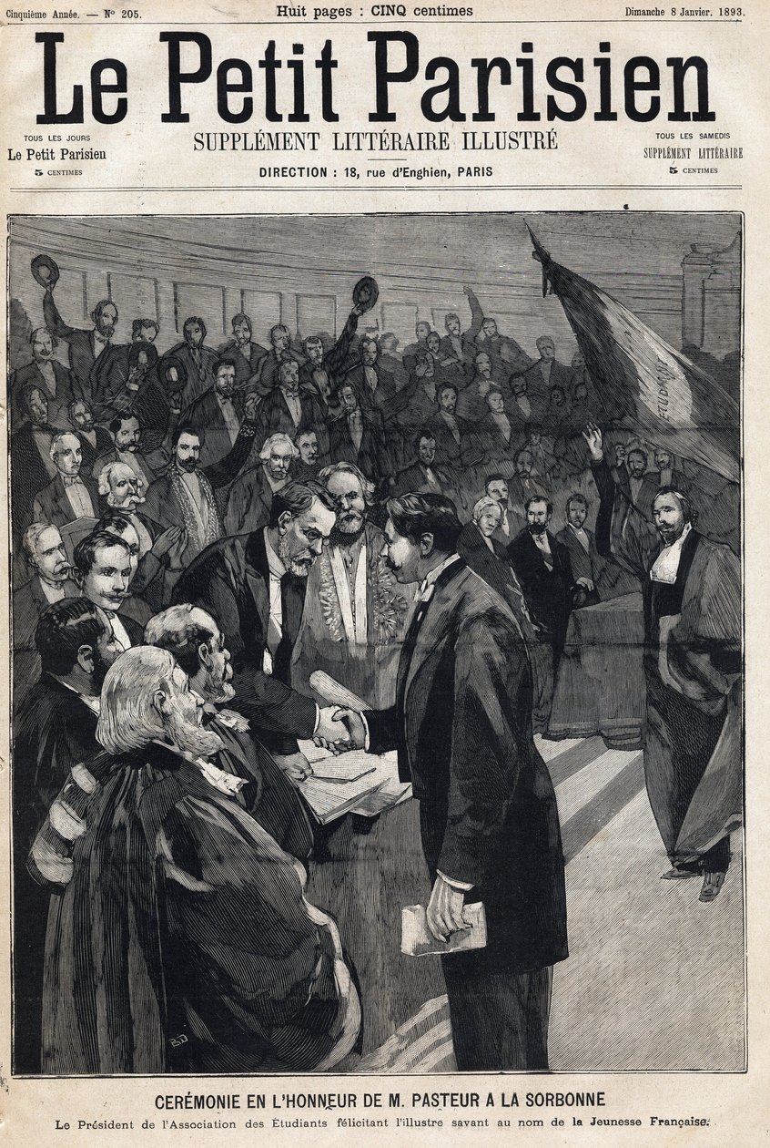 Ceremony in honor of the scientist Louis Pasteur (1822-1895) at the Sorbonne to celebrate his birthday. One of the newspaper " Le Petit Parisien”” on 08/01/1893 (engraving) av French School
