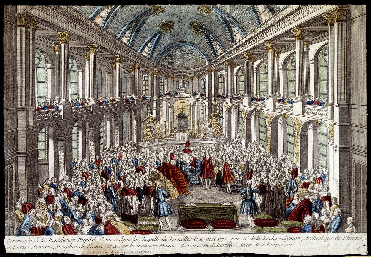 Seremoni for brudevelsignelsen gitt i kapellet i Versailles 16. mai 1770 av Louis Auguste, delfin fra Frankrike (Louis XVI), og Marie Antoinette av Østerrike - gravering av French School