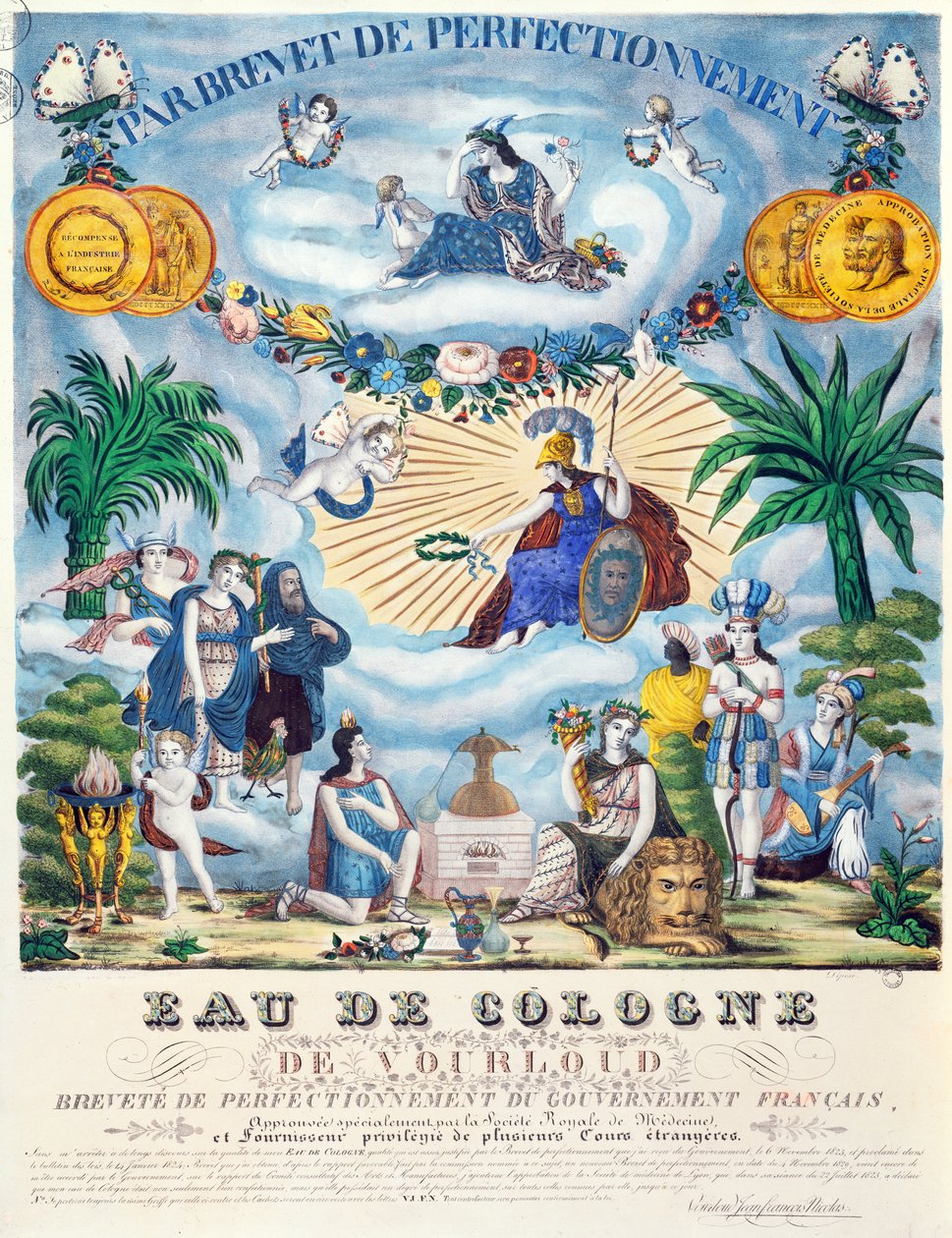 Sertifikat for en Eau de Cologne laget av J.F. Vourloud, ca. 1825 av French School
