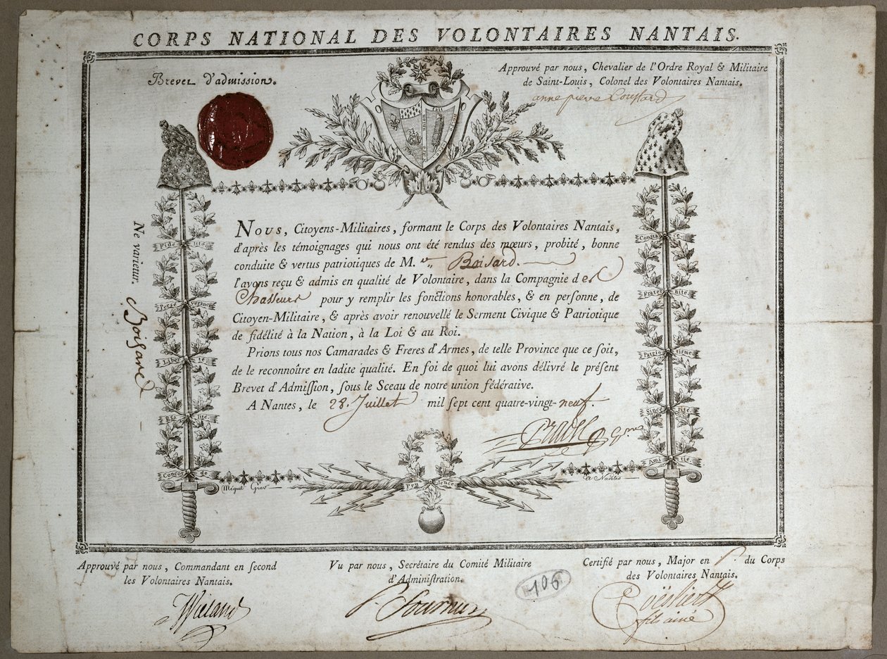 Adgangsbevis til National Guard of Volunteers of Nantes, 1789 av French School