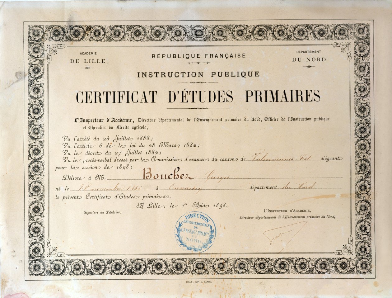 Sertifikat for grunnskoleutdanning, Academie de Lille, 1898 (blekk på papir) av French School