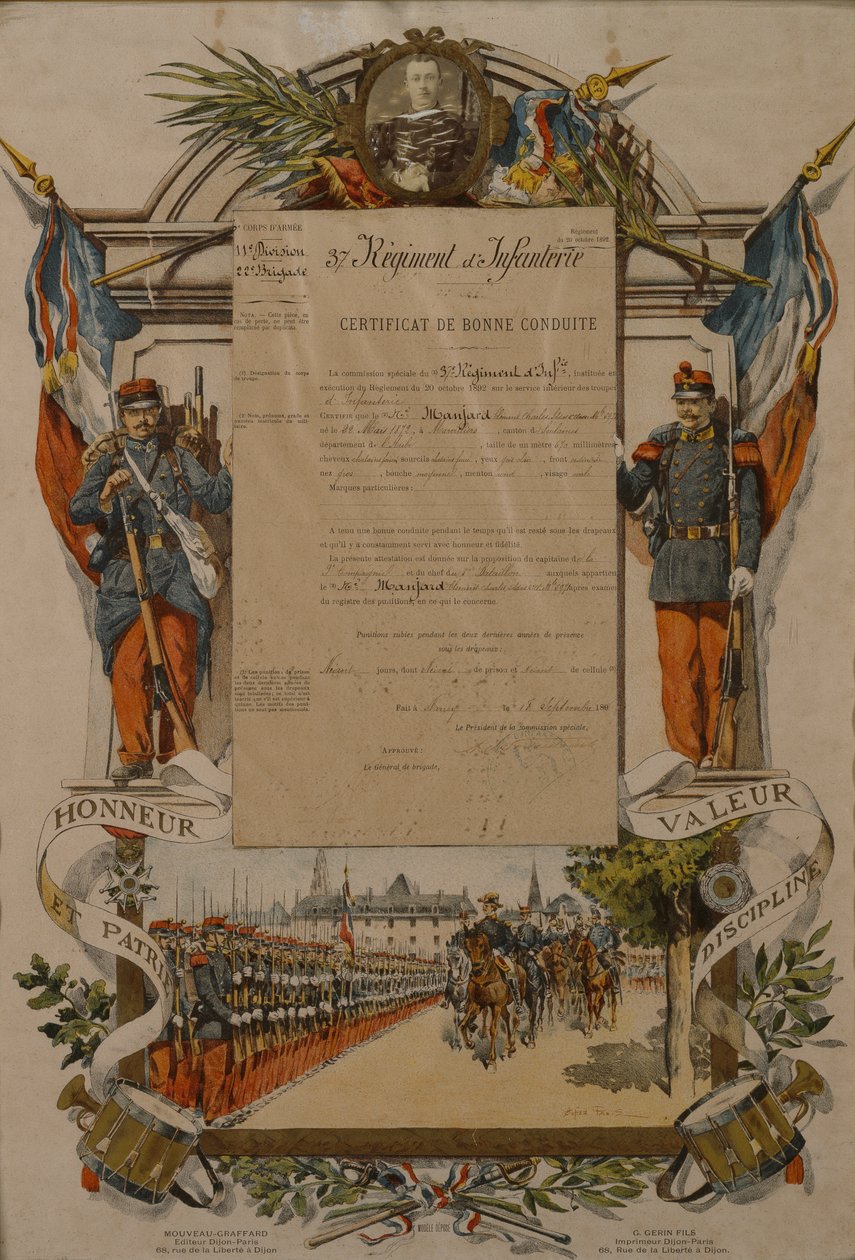 Attest for god oppførsel, 37. infanteriregiment, 1896 av French School