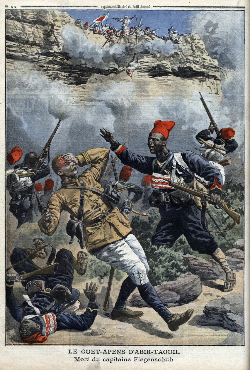 Chad, bakholdsangrep ved Abir Taouil (Abir-Taouil), død av kaptein Fiegenschuh, illustrasjon fra 