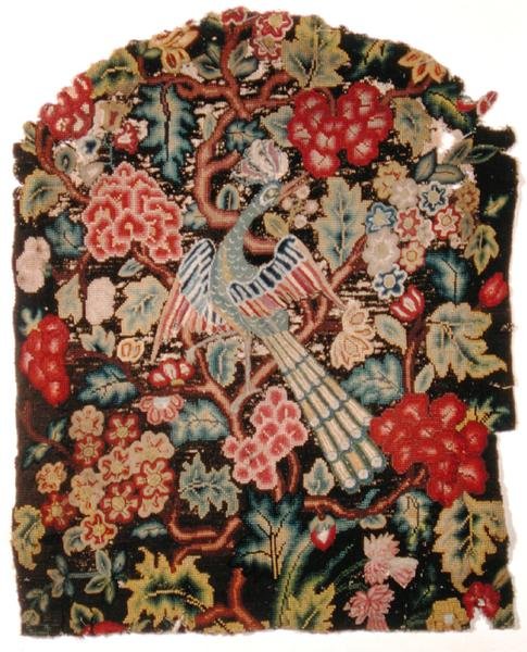 Stolrygg som viser en fugl (broderi) av French School