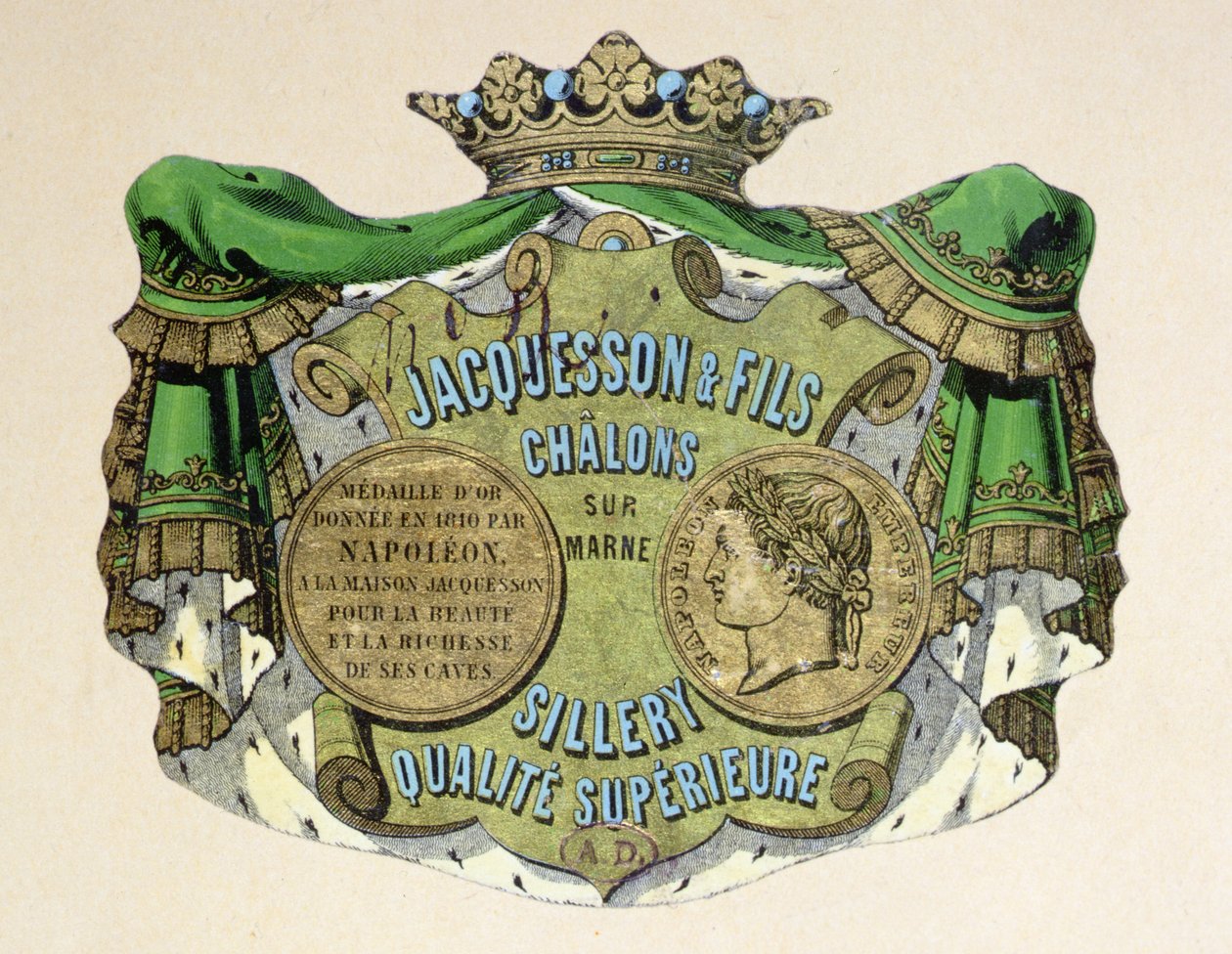 Champagneetikett for Jacquesson & Fils, Champagne Sillery Marque, midten av 1800-tallet (farge litho) av French School