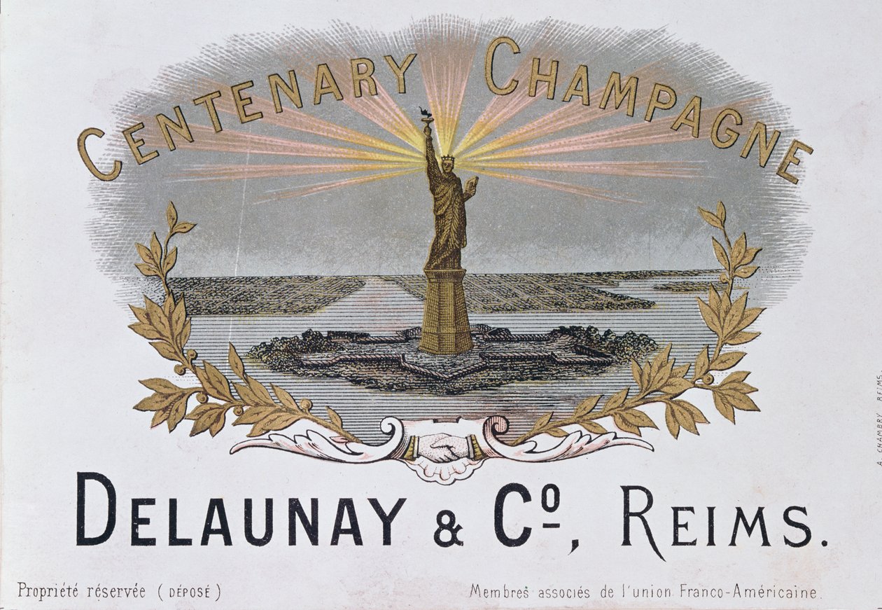 Champagneetikett fra huset til Delaunay & Co. som feirer hundreårsdagen for amerikansk uavhengighet og viser Frihetsgudinnen, ca. 1876 av French School