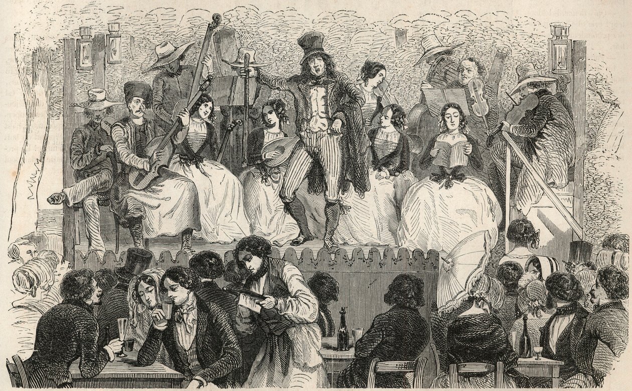 Champs-Elysees (Champs Elysees) - Sangere foran kafeen Morel - Gravering i "Tableau-de-Paris" av Edmond Texier 1852 av French School