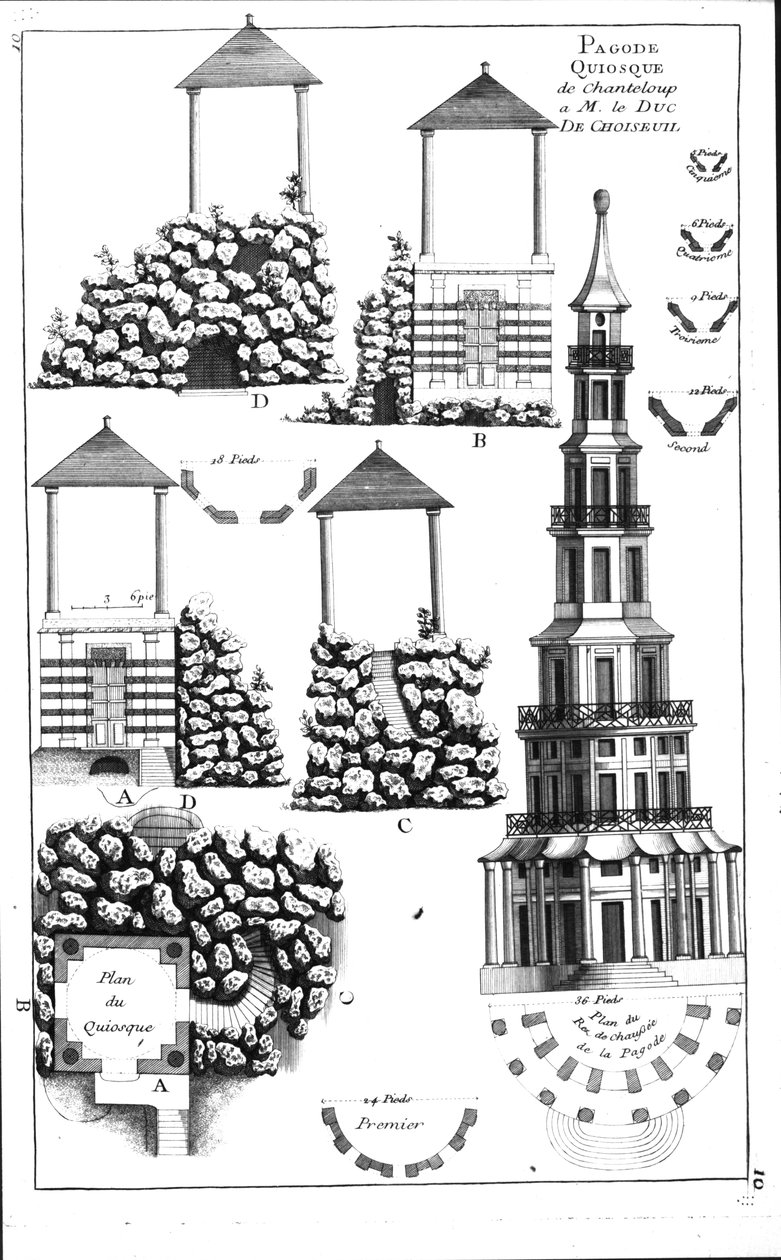Chanteloup Pagoda, fra Details des Nouveaux Jardins a la Mode av George Louis le Rouge, utgitt ca. 1770-87 av French School