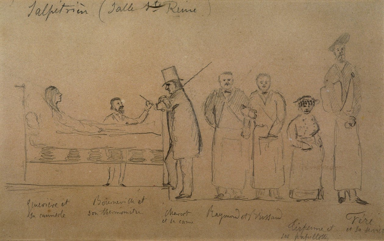 Charcot designet av en av elevene hans. Fra venstre til høyre: pasient Genevieve i camisole, doktor Desire Magloire Bourneville med termometer, Jean Martin Charcot, Raymond og Brissaud, Me Tirperme og Charles Fere. Rom Holy Queen, Salpetriere Hospi av French School