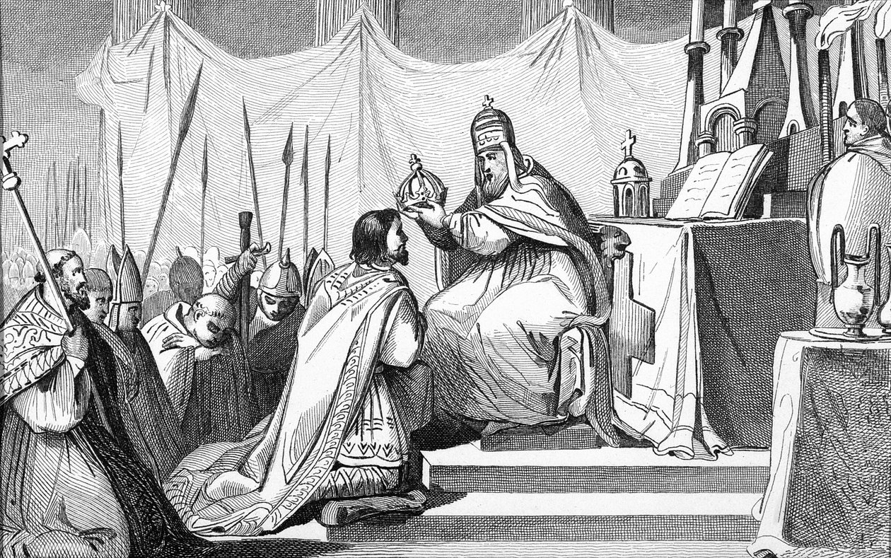 Karl den Store (742-814) Kronet av pave Leo III (ca. 750-816) ved St. Peters Roma den 25. desember 800, fra 
