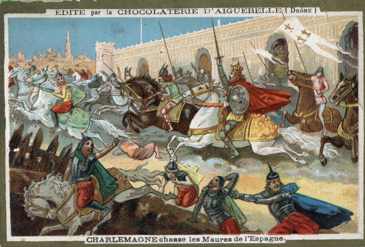 Charlemagne (742-814) jager maurerne fra Spania. 1800-talls kromolitografi. av French School