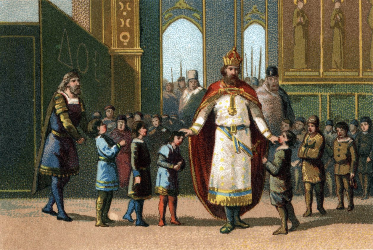 Charlemagne, King of France from 768 to 814 founder of the school supervises the classes. Chromolithography around 1890. av French School
