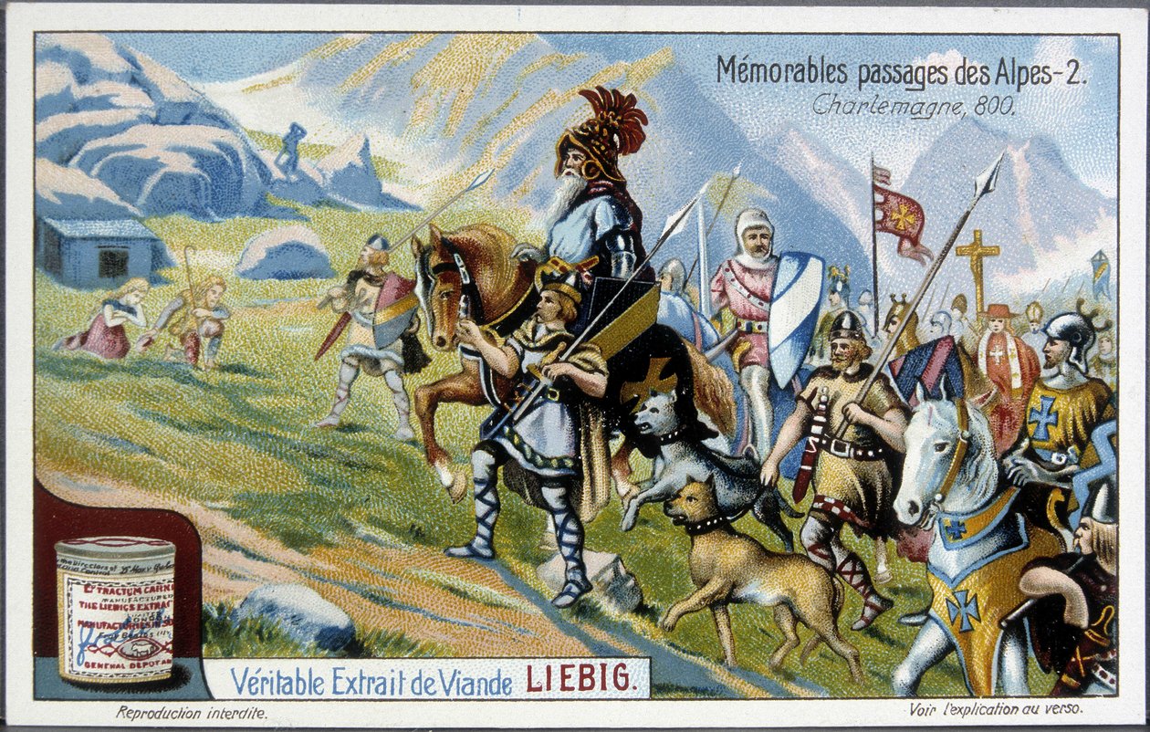 Karl den Store og hans hær krysset Alpene i 800 - Liebig-kromolitografi, begynnelsen av det 20. århundre. av French School