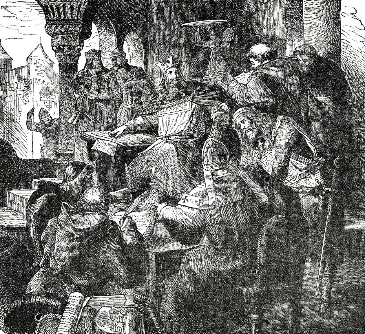 Karl den Store med elever og lærere ved hans slottsskole i Aachen, ca. 1890 av French School