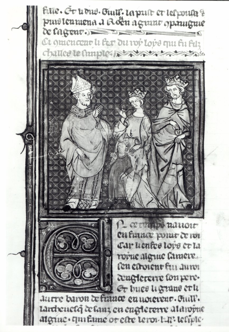 Charles III (879-929) den enkle med sin kone og sønnen, Louis IV (921-954), Grandes Chroniques de France, 1375-79 av French School