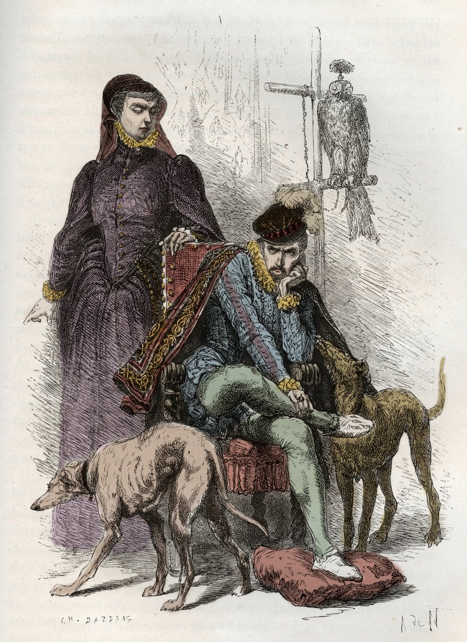 Charles IX og Catherine de Medici - Caterina de 'Medici med sønnen Charles IX av Frankrike - gravering fra "" L'histoire de France tellee a mes grandenfants"" - av Francois Guizot - 1872-1876 av French School