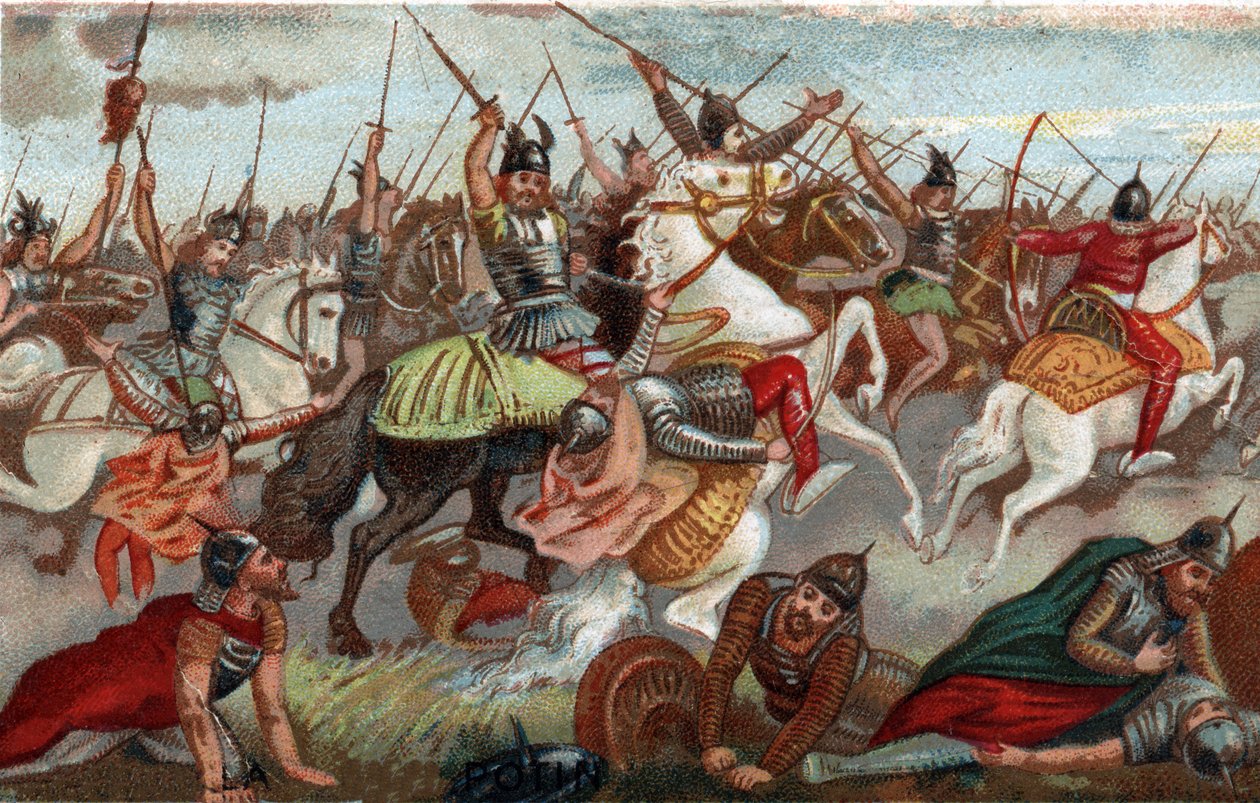 Charles Martel arresterte muslimene i slaget ved Poitiers i 732. Kromolitografi av det 19. århundre. av French School