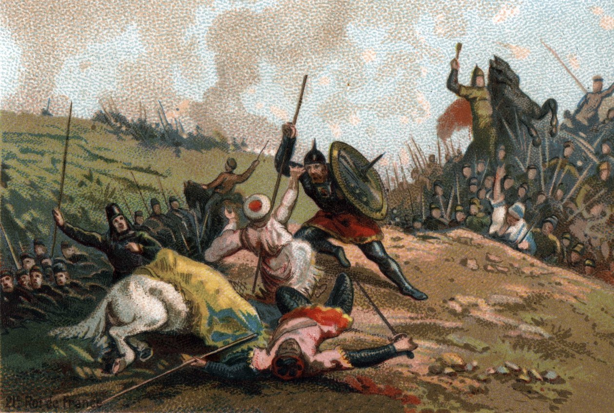Charles Martel stoppet invasjonen og drepte lederen av Armee of Abd al-Rahman I eller Abderamane I (Abd al-Rahman) (731-788), leder av saracenerne. Kromolitografi rundt 1890. av French School