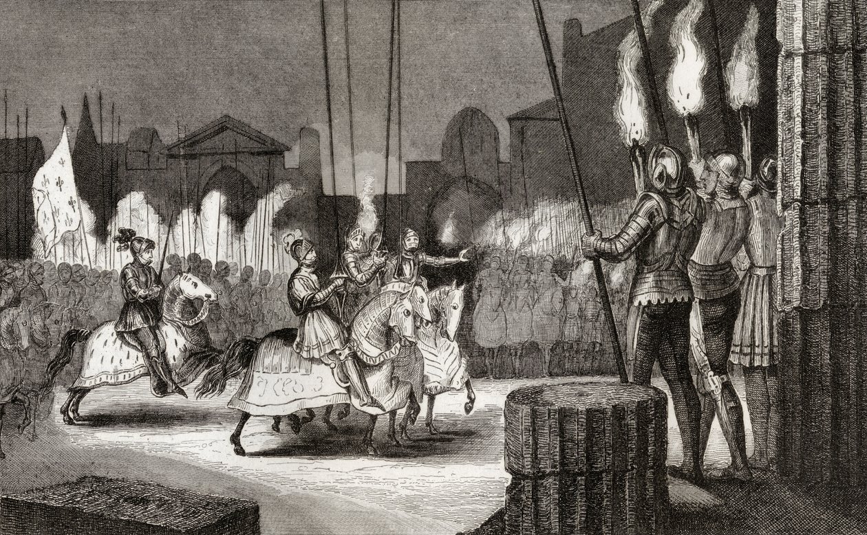 Charles VII (1470-98) går inn i Roma i 1494 for å bli erklært keiser av Orienten, fra 'Histoire de France' av Colart, utgitt ca. 1840 av French School