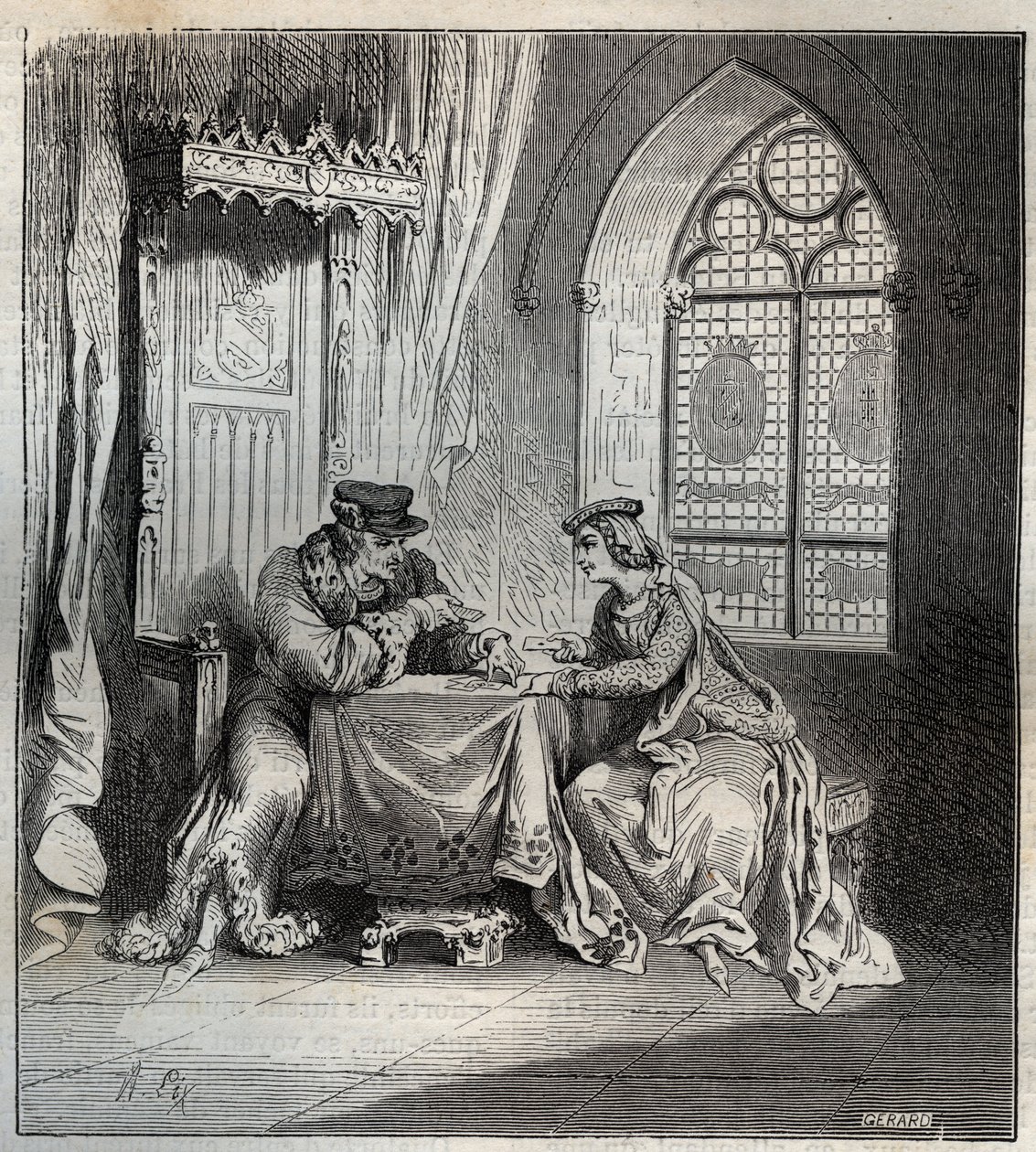 Charles VI (1380-1422) og Odette de Champdivers - Kong Charles VI av Frankrike, kjent som Charles the Good Aime, deretter Charles the Fol (1368-1422) med sin elskerinne Odinette (Odette) de Champdivers (ca. 1390-rundt 1425) spillkortgravering i «Paris a t av French School