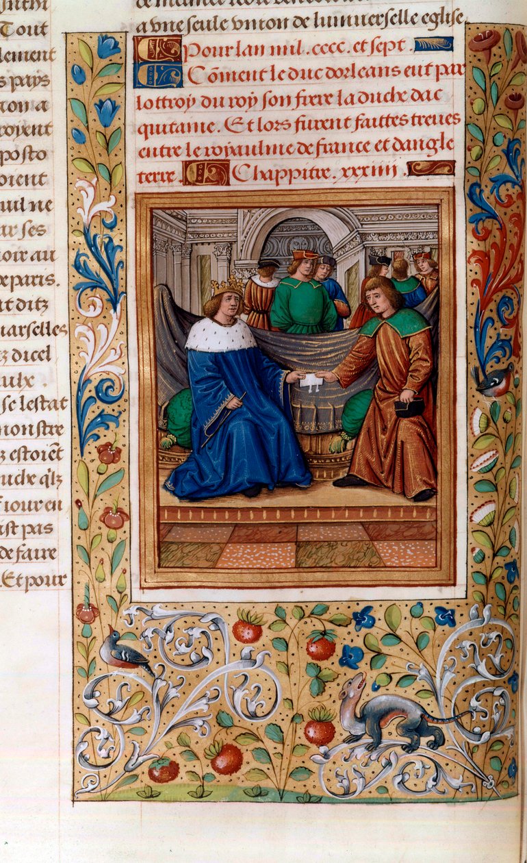 Charles VI og Henry V signerte "Troyes-traktaten" i 1420, illustrasjon fra "Chroniques de Monstrelet" av French School