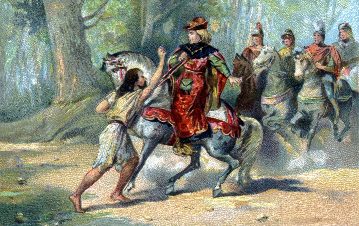 Charles VI fanget i galskap i Le Mans-skogen. kromolitografi på slutten av 1800-tallet av French School