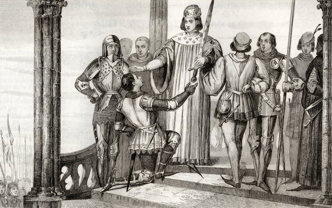Charles V (1358-80) den vise presenterer sitt sverd til Duguesdin, fra 