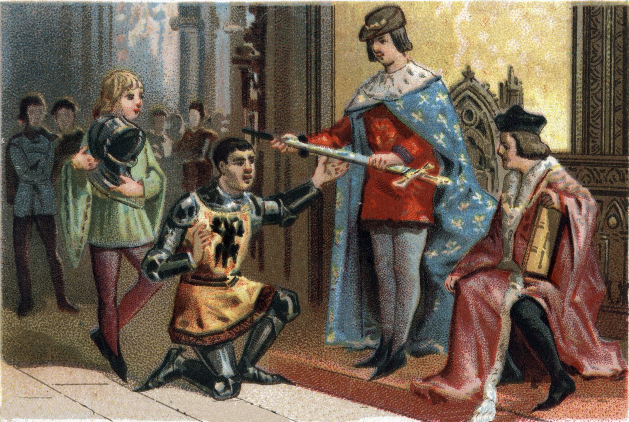 Charles V. De kloke (1338-1380) overleverer høytidelig talen til den forbundne Bertrand du Guesclin (1320-1380). Kromolitografi rundt 1890. av French School