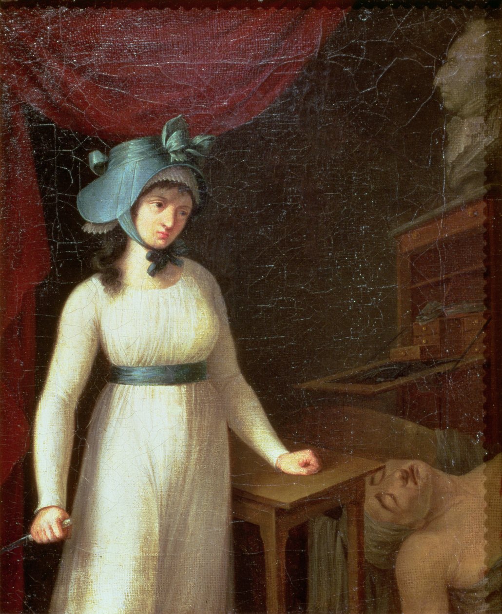 Charlotte Corday (1768-93) og attentatet på Jean Paul Marat (1743-93) i hans bad av French School