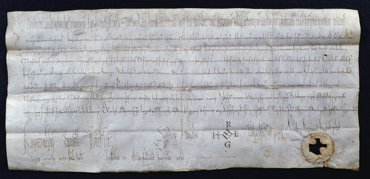 Charter signert av Hugues I Capet (941-996), konge av Frankrike, 988 (penn og blekk på papir) av French School