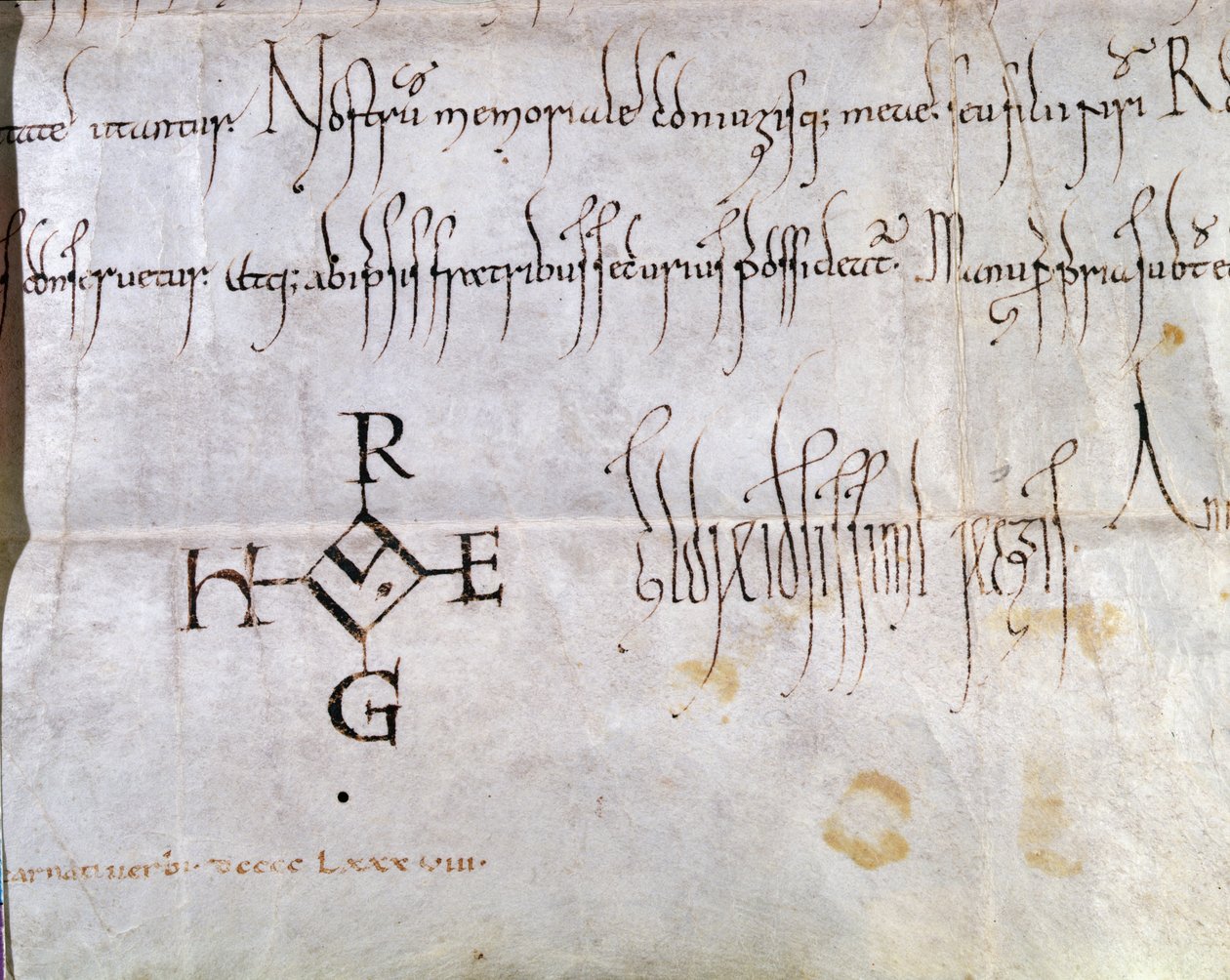Charter signert av Hugues I Capet (941-996), konge av Frankrike, 988 (penn og blekk på papir) (detalj av 157461) av French School